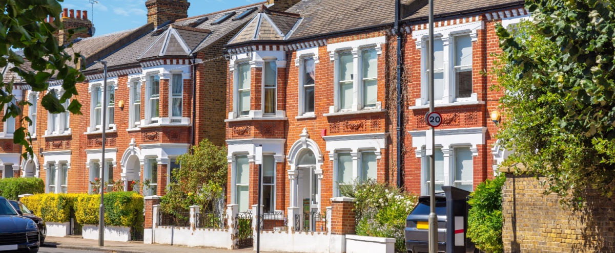 A street of terraced homes in London, UK.